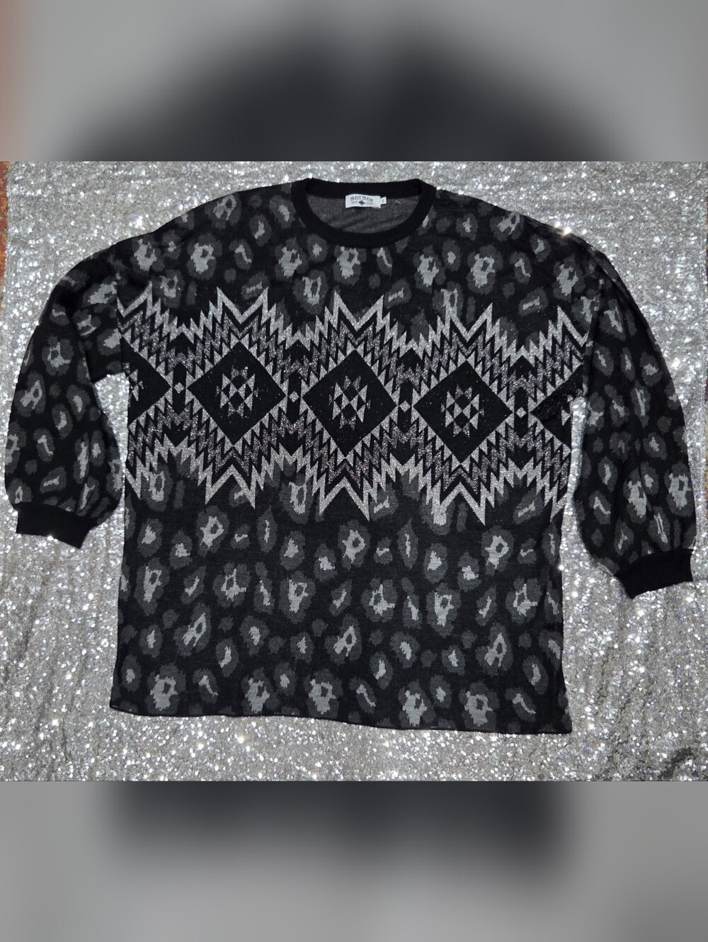 Crazy Train Black and Gray Aztec Leopard Knit Sweater